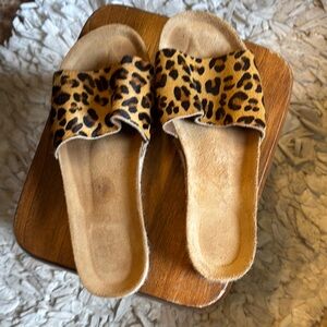 Brown and Black Slide Sandals with Leopard Print